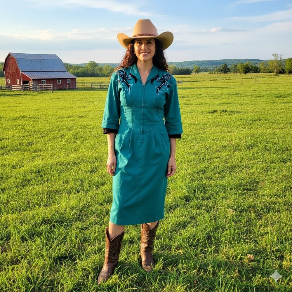 Vintage 80's Megan Moore Women's Embroidered Teal Dress Size 8 Western‎ Vtg